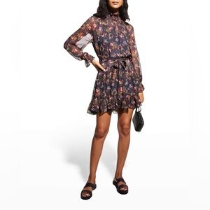 cinq a sept daija floral smocked mock neck tiered belted mini dress